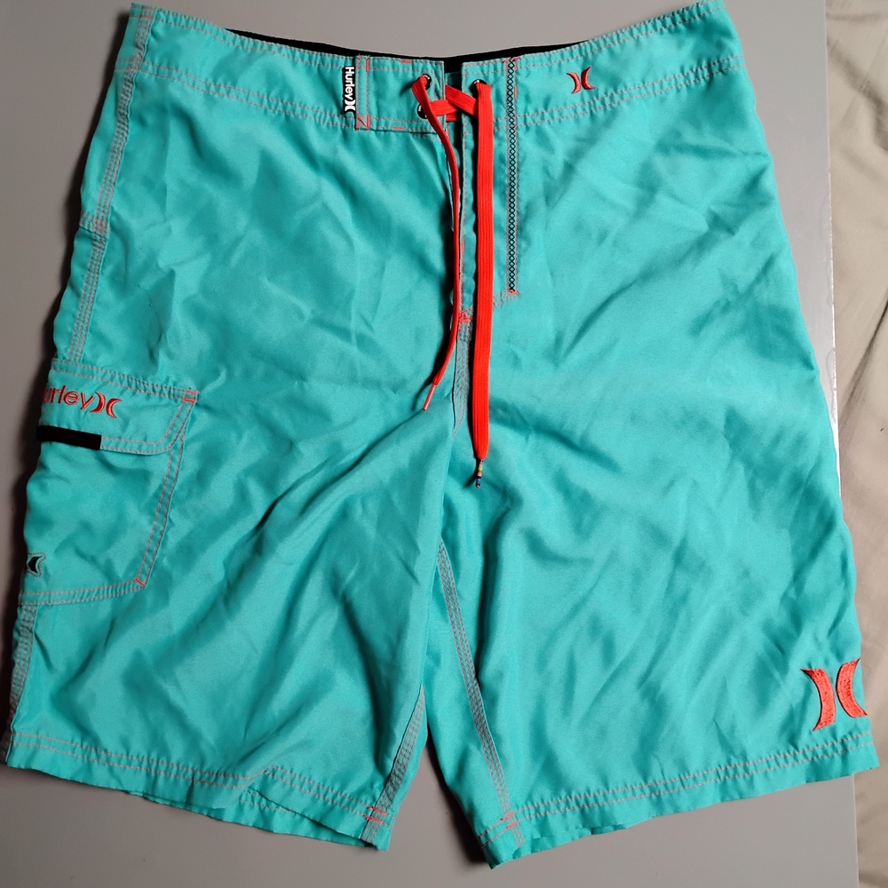 Hurley Men’s Teal Swim Trunks with Orange Drawstring